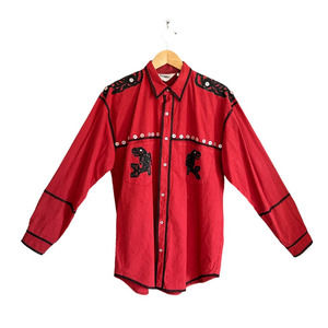 GITANO Vintage Mens 100% Cotton Red Shirt With Black Applique and Button Details